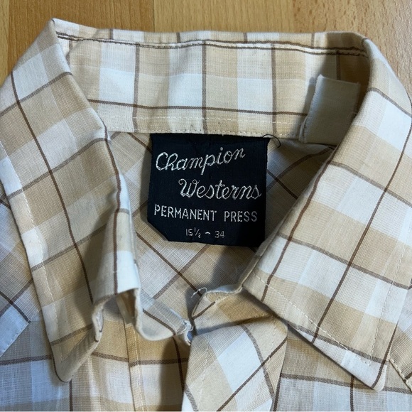 Champion Western Vintage Tan Brown Plaid Pearl Snap Shirt Unisex - Picture 2 of 8
